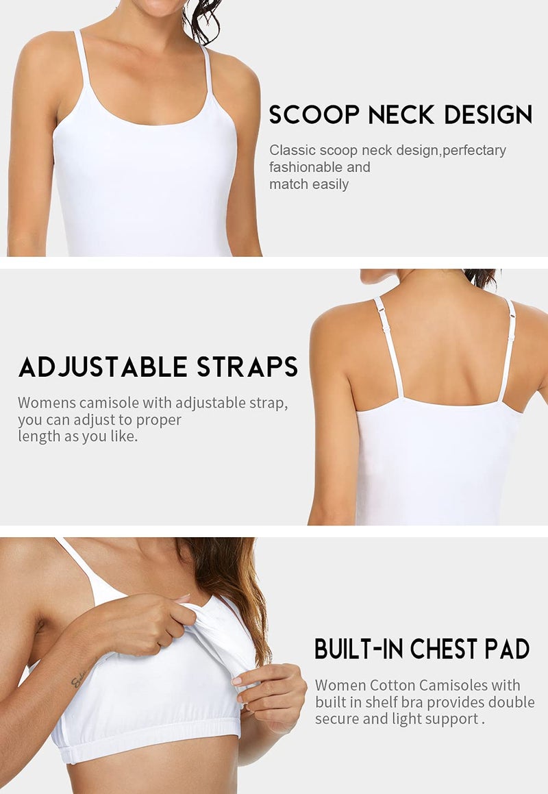 Orrpally Women Cotton Camisole Shelf Bra Cami Tank Tops Adjustable Spaghetti Strap Tank Top 3-Pack Black/White/Apricot L - Image 4